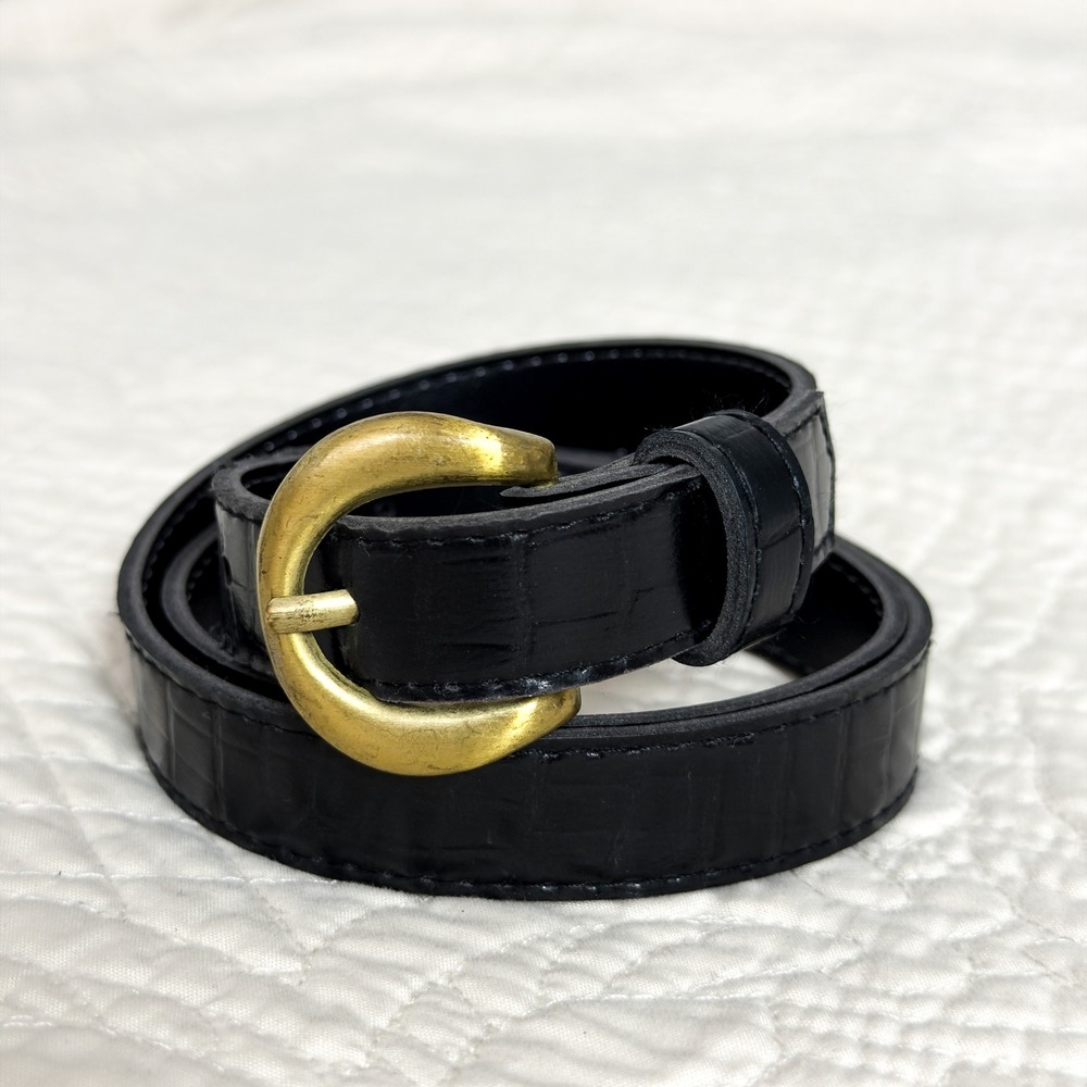 90s Black Croc Embossed Skinny Belt Brass Buckle Glossy Equestrian Minimalist OS